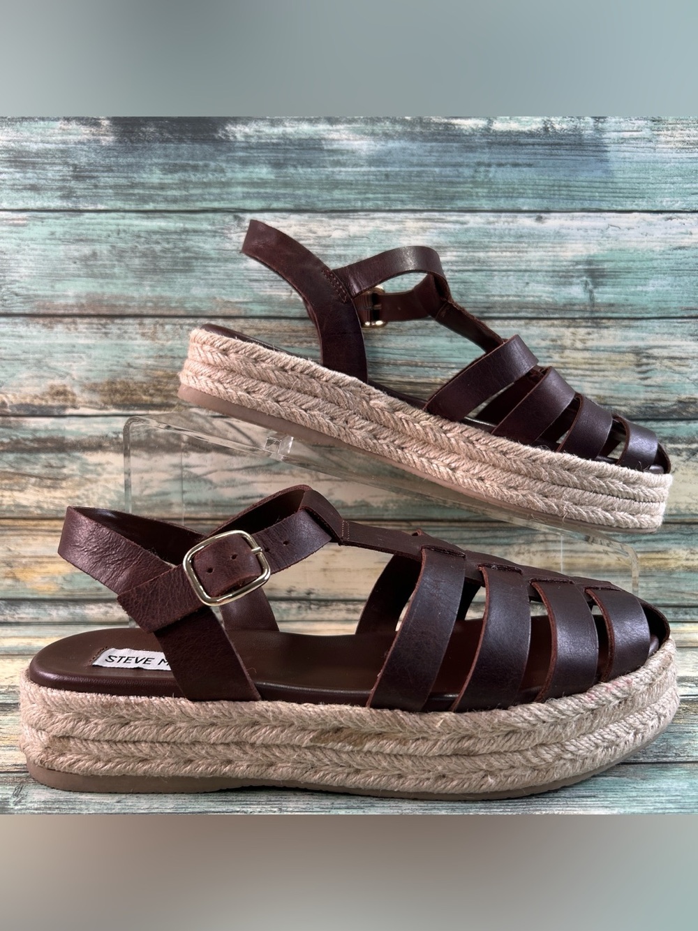 Steve Madden Marlin Sandal Womens 7.5M Brown Leather Espadrille T-Strap Platform